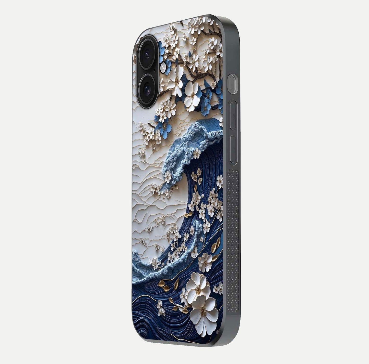 Blossom Wave Art Glass Case for iPhone 16 side-angle view showing wave-flow print and gloss edge finish
