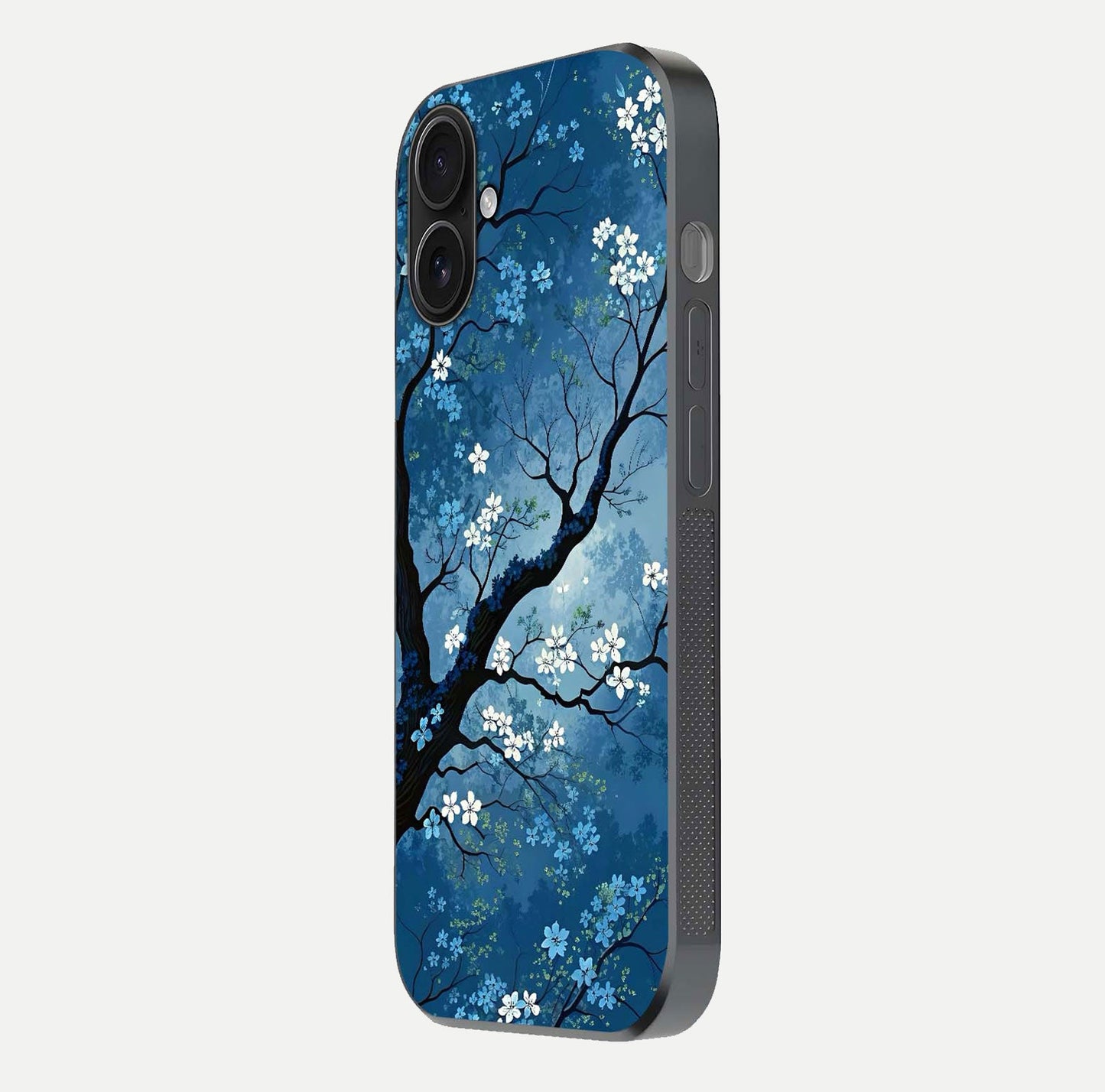 Blue Tree Serenity Glass Case for iPhone 16 side-angle shot showing glossy edge and tree pattern reflection