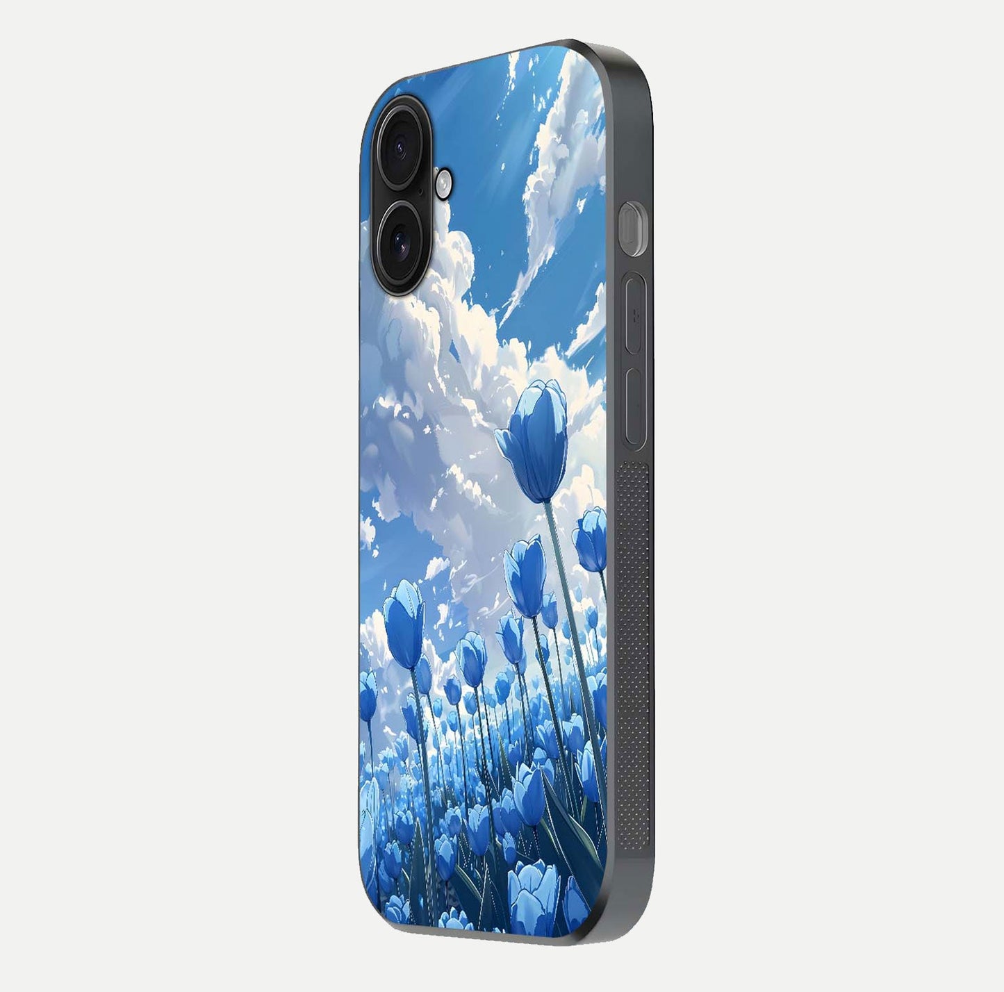 Blue Tulip Clouds Glass Case for iPhone 16 side-angle image showing edge curve and flower reflection glow