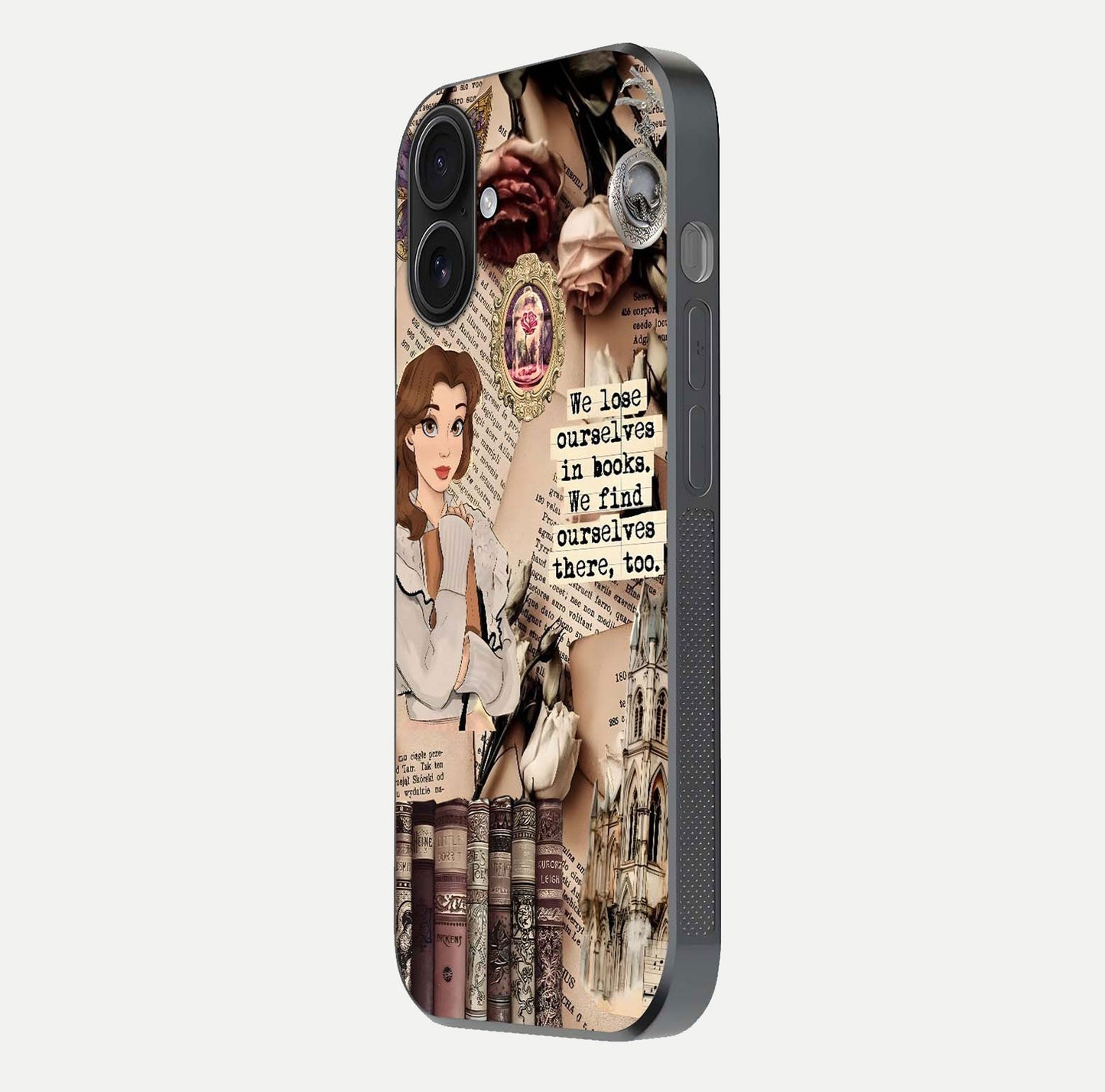 Bookish Dream World Glass Case for iPhone 16 side-angle image showing detail depth and smooth corner polish