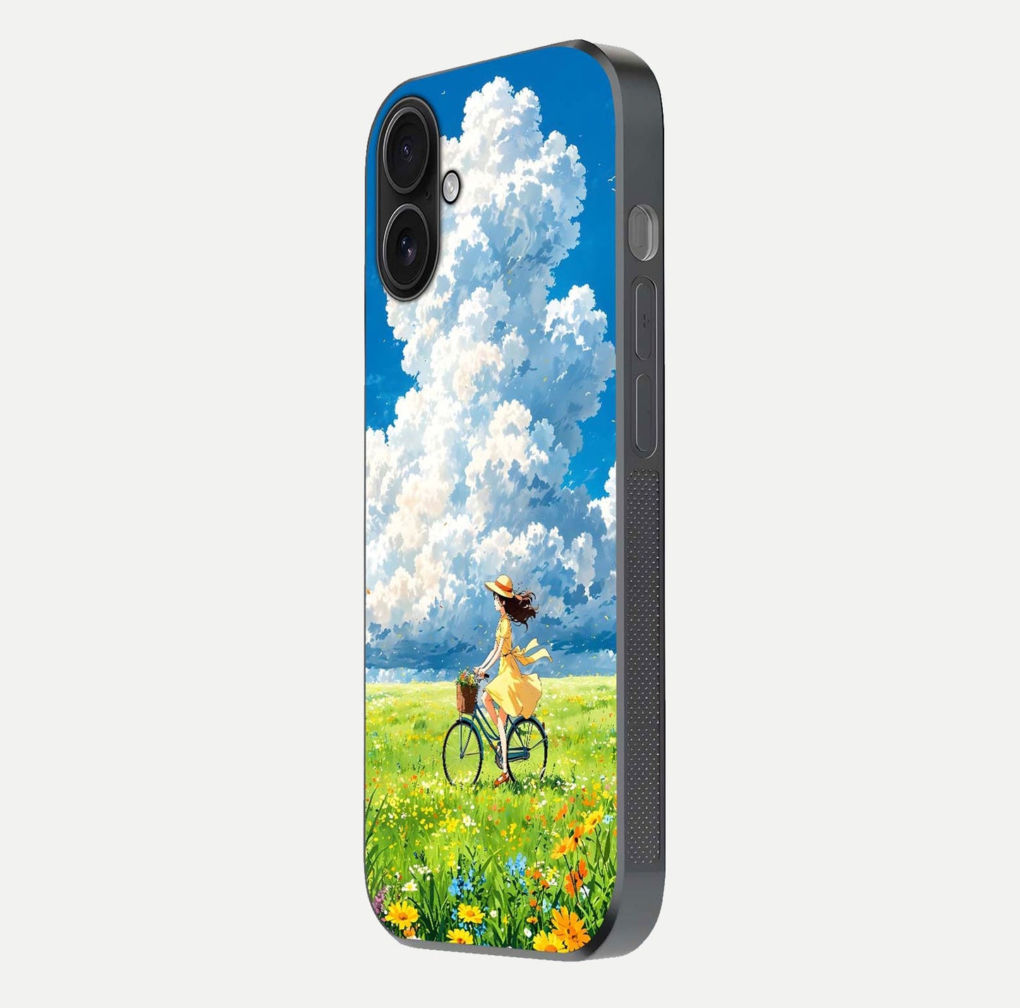 Breezy Meadow Ride Glass Case for iPhone 16 side-angle image showing floral details and edge glow