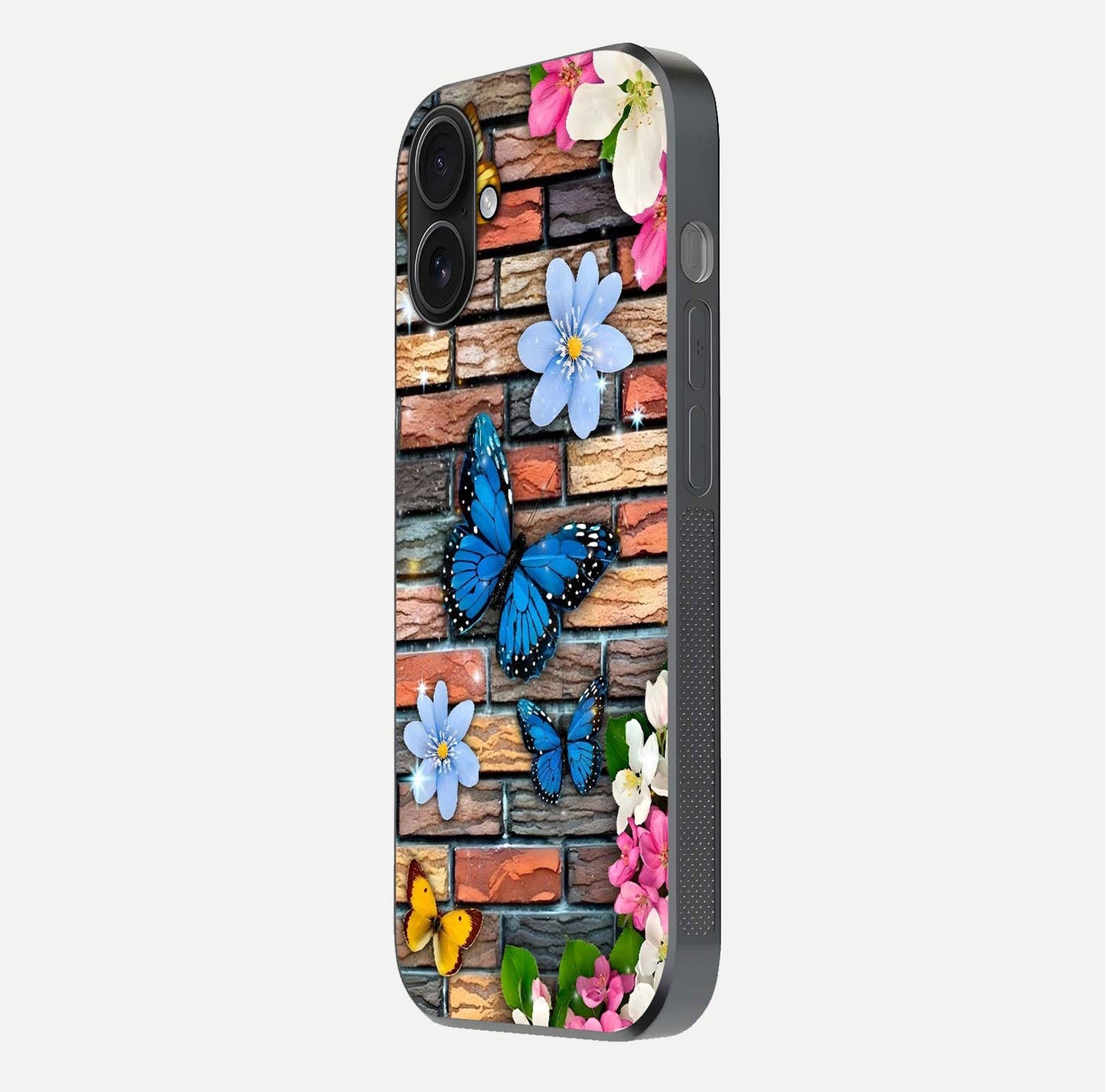 Brick Bloom Flight Glass Case for iPhone 16 side-angle photo showing curve shine and detailed petal contrast
