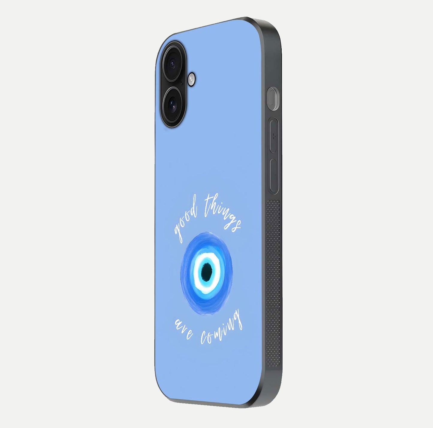 Bright Future Ahead Glass Case for iPhone 16 side-angle image displaying edge smoothness and reflective surface