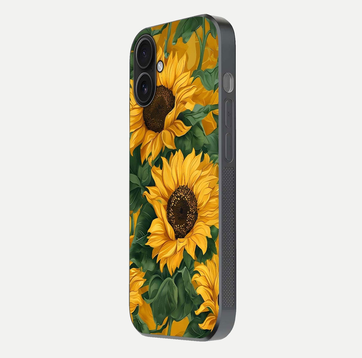 Bright Sunflower Bloom Glass Case for iPhone 16 side-angle image showing shine texture and detailed bloom