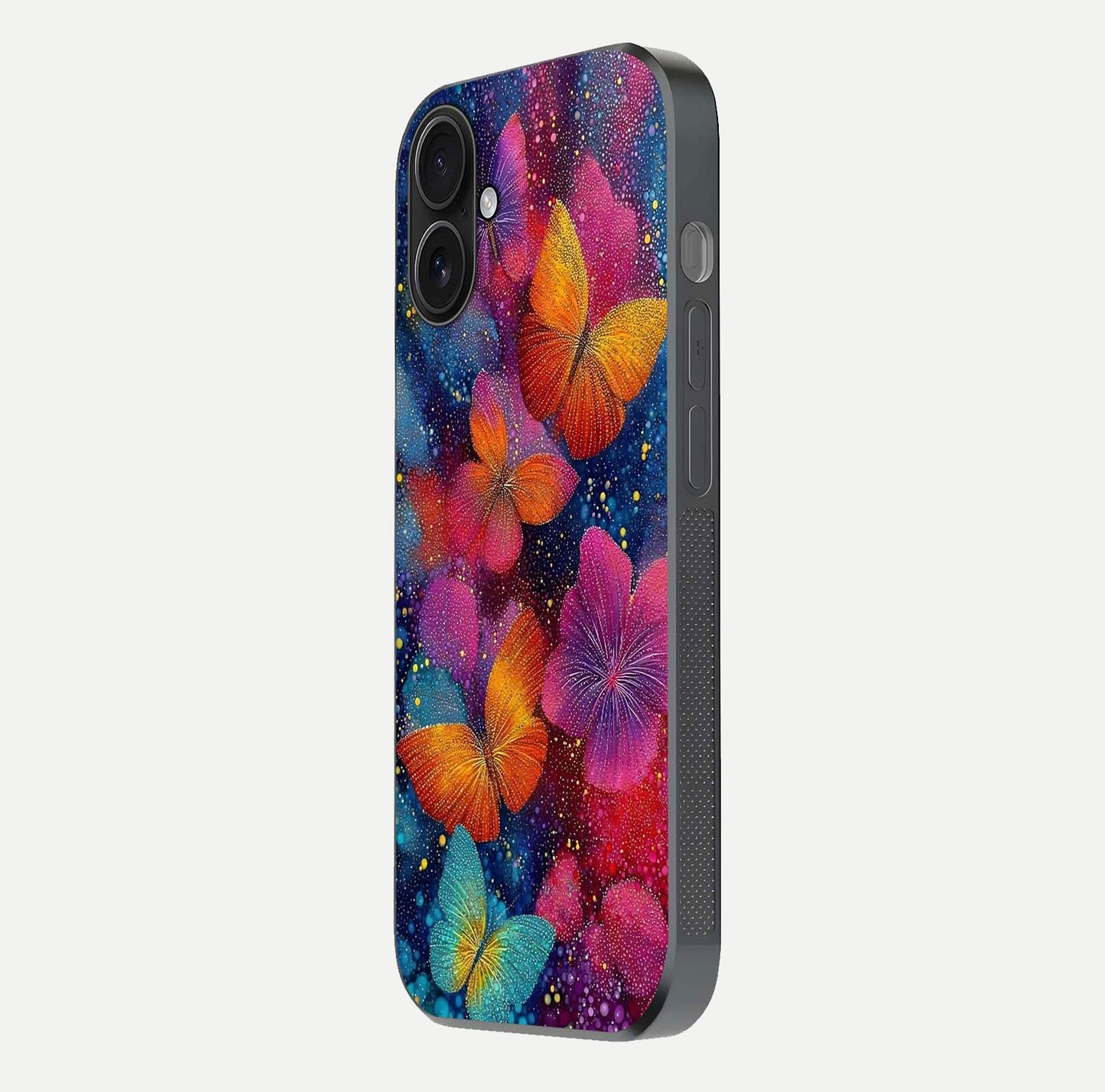Butterfly Dream Mist Glass Case for iPhone 16 side-angle image showing soft gradient and reflective glow