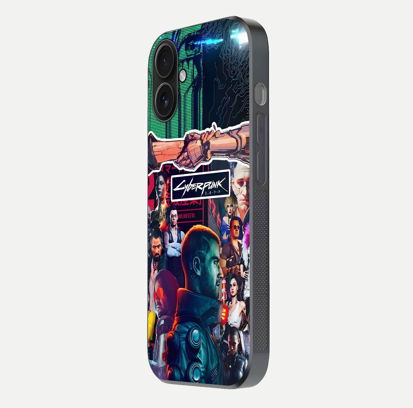 CYBERPUNK Legacy Glass Case for iPhone 16 side-angle photo showing edge glow and reflective surface