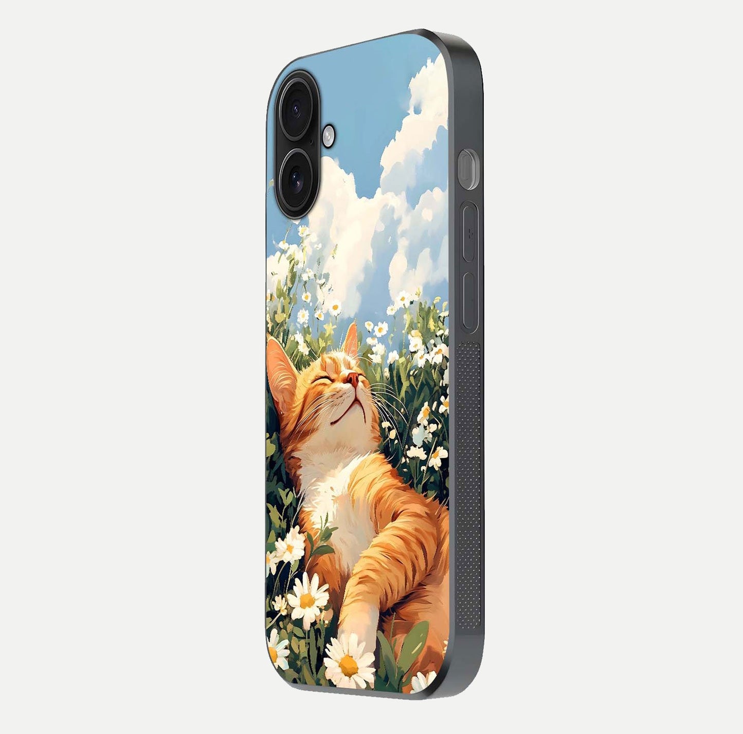 Cat & Flowers View Glass Case for iPhone 16 side-angle image capturing cat print clarity and gloss tone