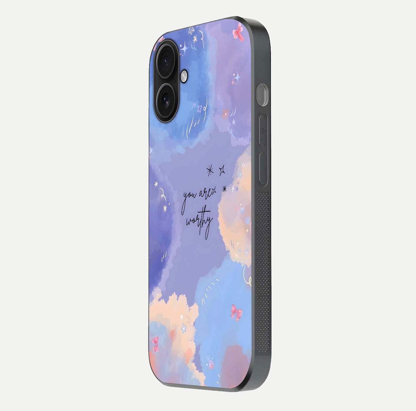 Celestial Cloud Magic Glass Case for iPhone 16 side-angle photo showing edge reflection and dreamy texture