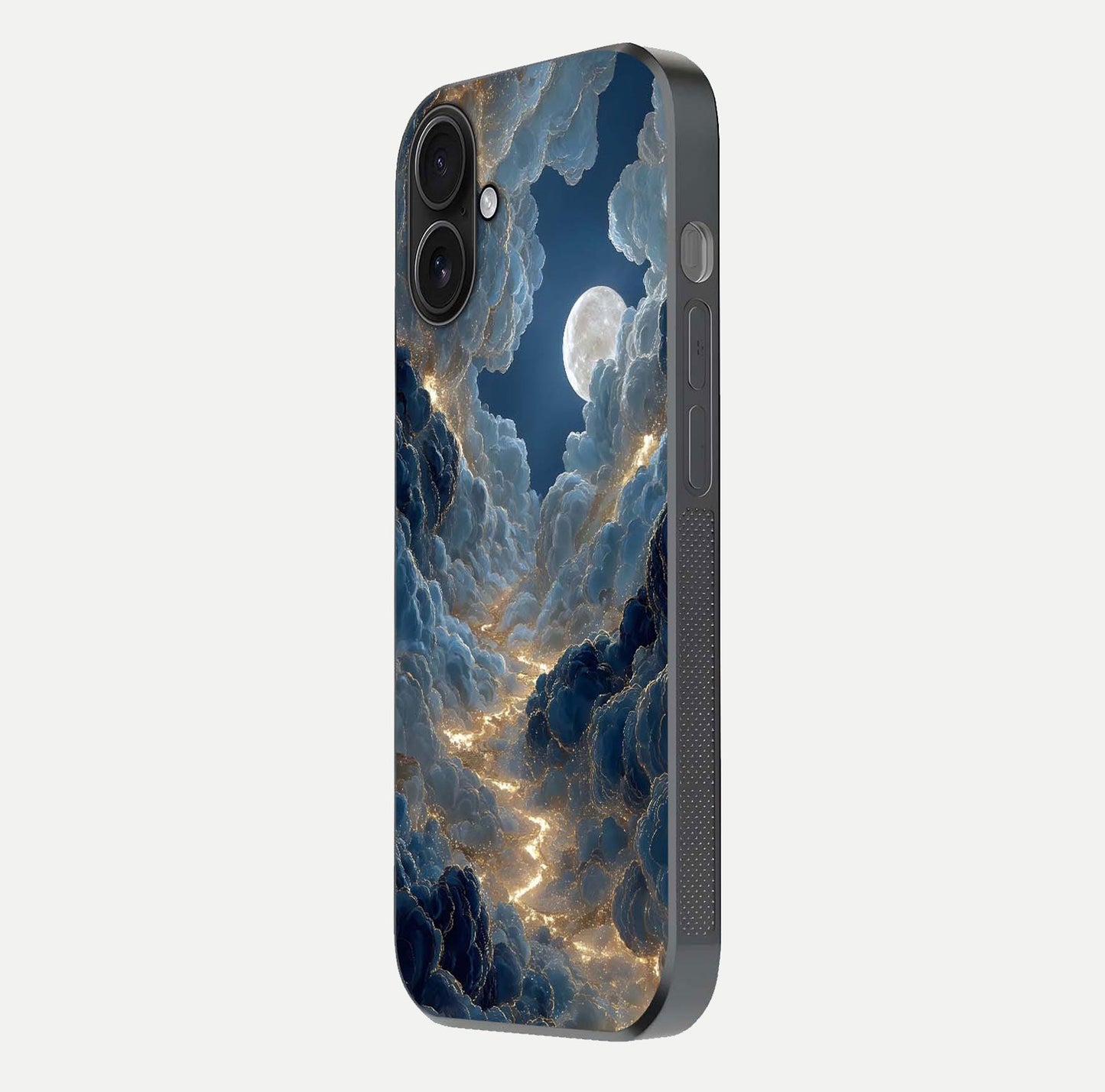 Celestial Cloud Road Glass Case for iPhone 16 side-angle image showing soft pastel tones and edge clarity