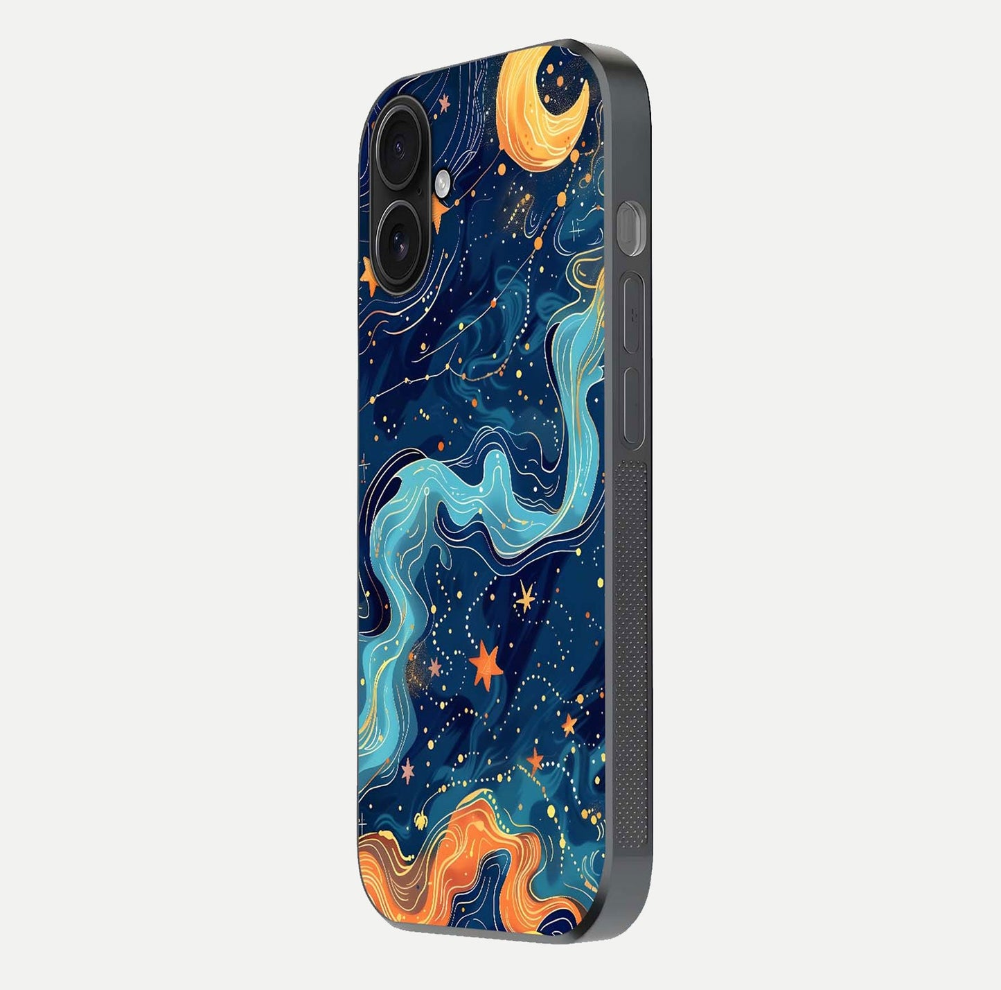 Celestial Dream Flow Glass Case for iPhone 16 side-angle image capturing color swirl and glass reflection