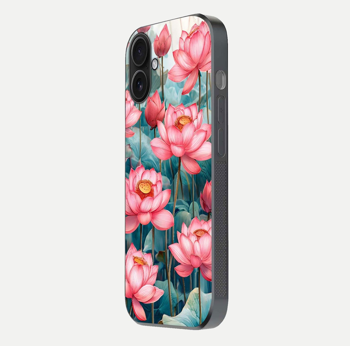 Celestial Pink Lotus Glass Case for iPhone 16 side-angle image showing reflective shine and petal curve