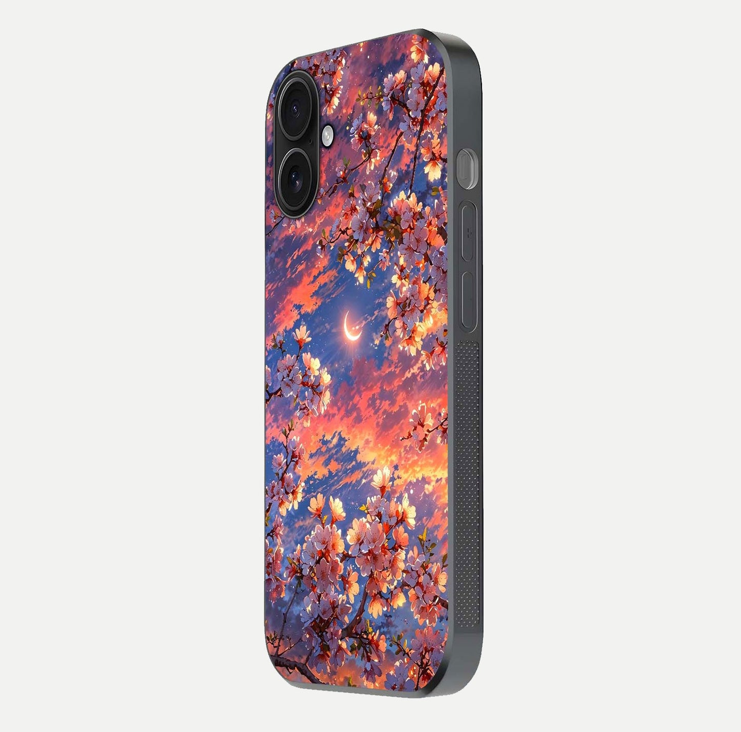 Celestial Sakura Sunset Glass Case for iPhone 16 side-angle image showing edge glow and petal texture