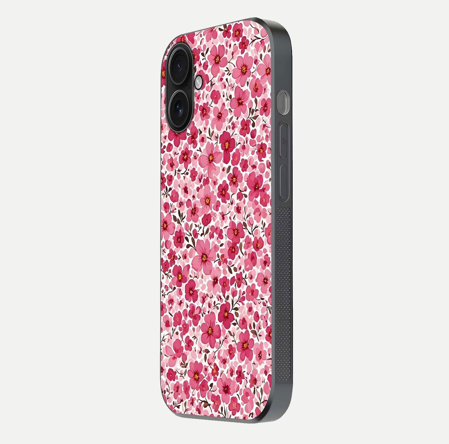 Cherry Blossom Charm Glass Case for iPhone 16 side-angle image showing reflection gloss and soft texture