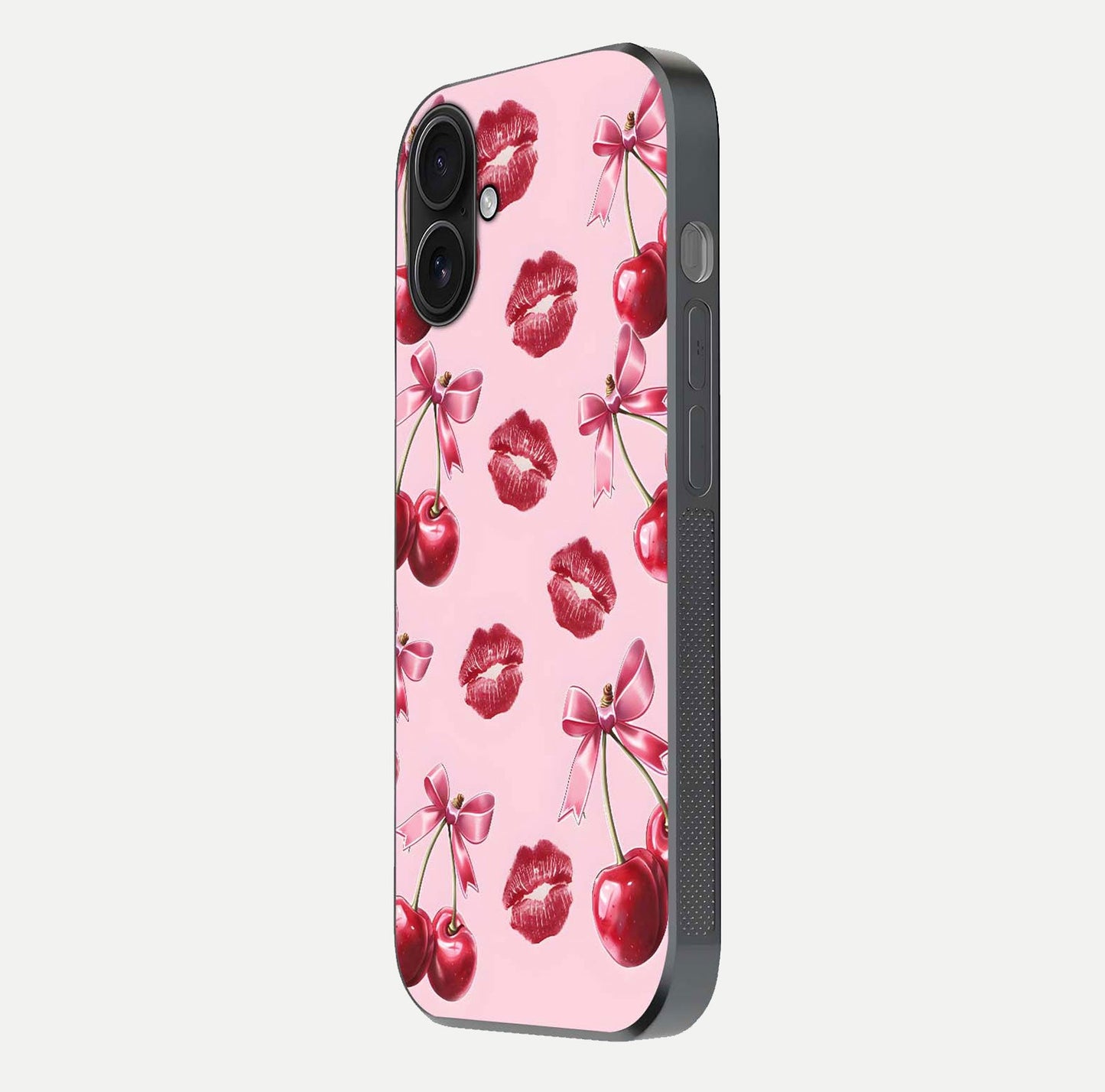 Cherry With Lips Glass Case for iPhone 16 side-angle image showing gloss reflection and fine details