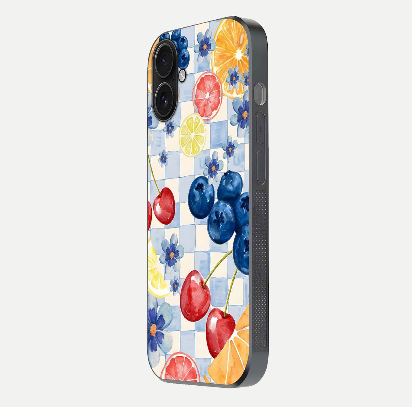 Citrus Bloom Joy Glass Case for iPhone 16 side-angle photo capturing bright color and glass reflection