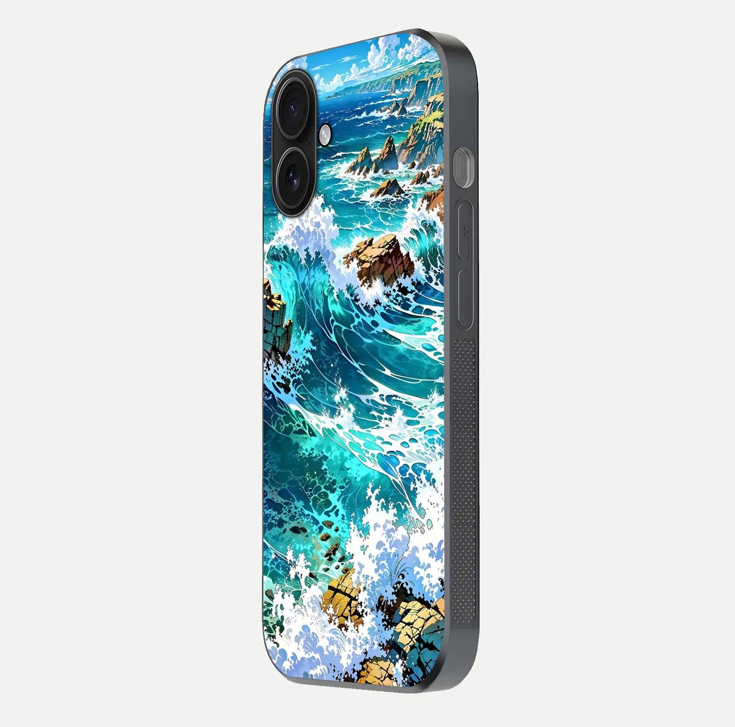 Coastal Blue Waves Glass Case for iPhone 16 side-angle photo showing gloss texture and color depth