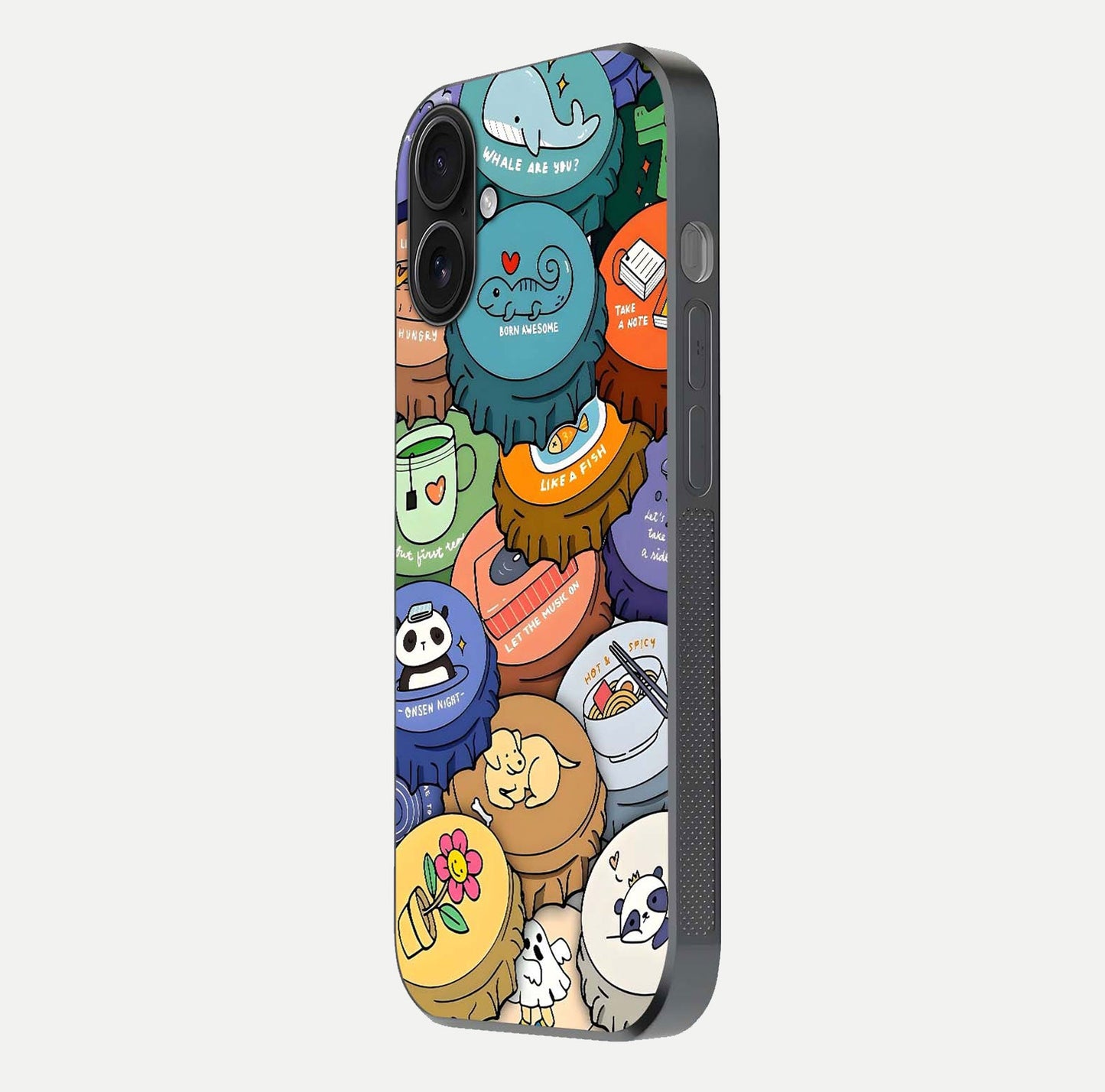 Coins Patterns Glass Case for iPhone 16 side-angle photo capturing shine finish and curve glow
