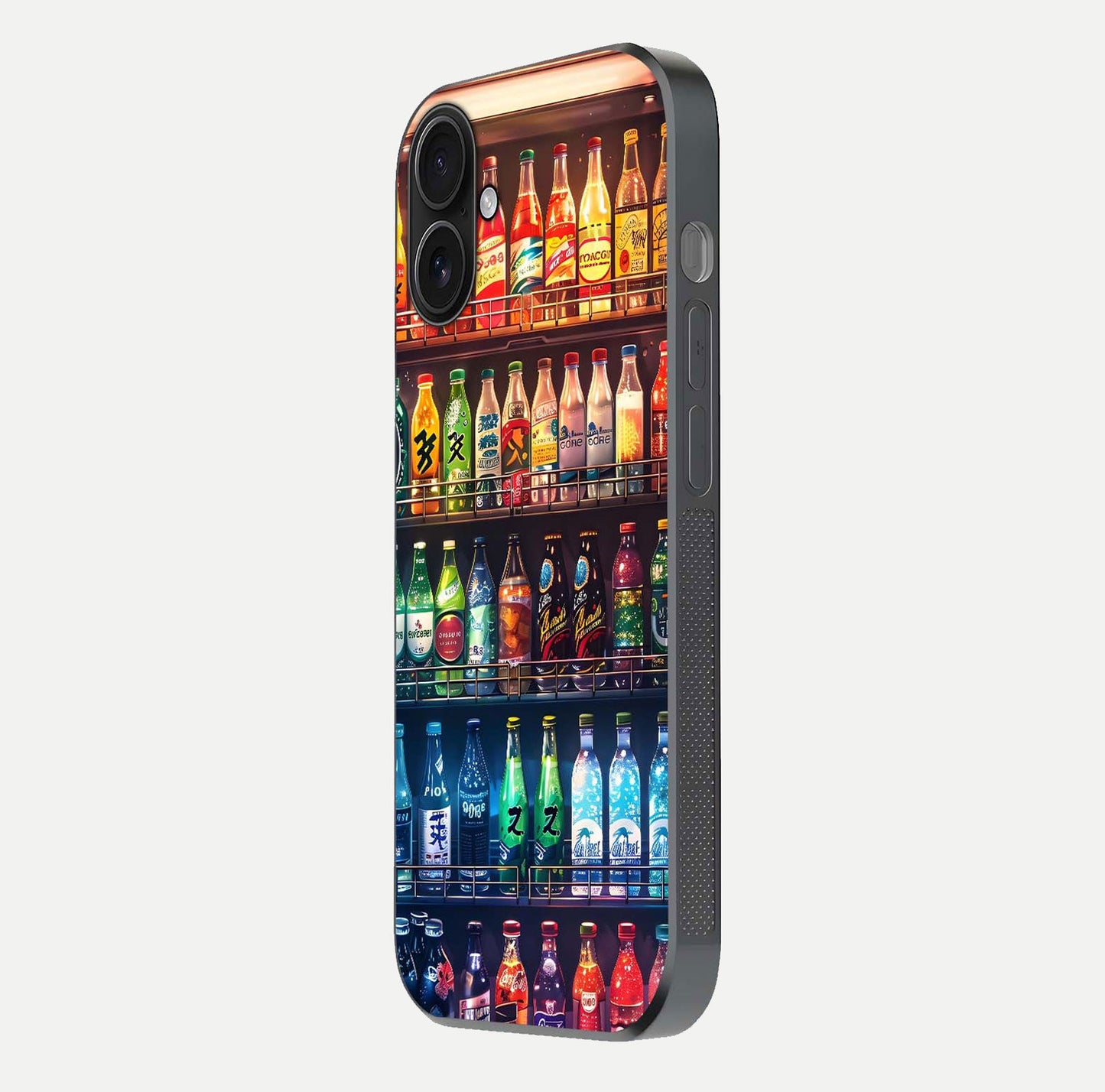 Colorful Soda Bottles Glass Case for iPhone 16 side-angle photo showing polish shine and texture depth