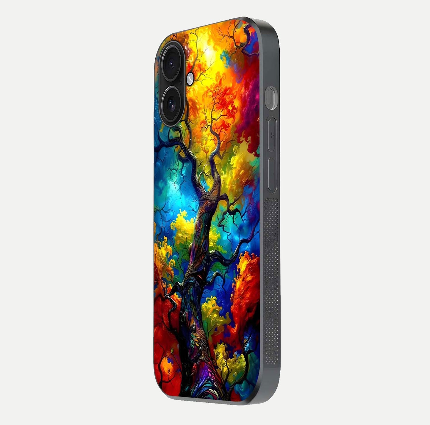 Colorful Tree Glass Case for iPhone 16 side-angle image showing curve reflection and fine print texture
