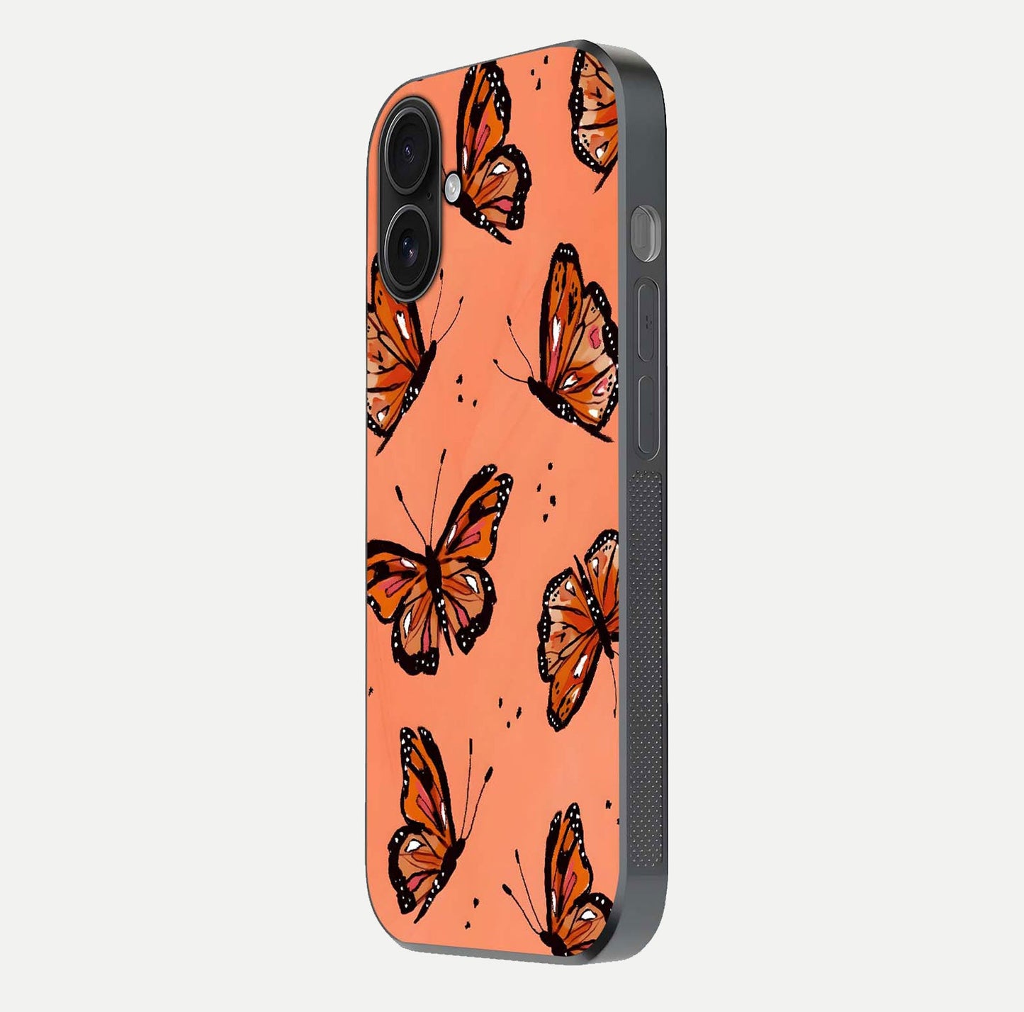 Coral Wing Butterfly Glass Case for iPhone 16 side-angle photo showing reflective finish and smooth edges
