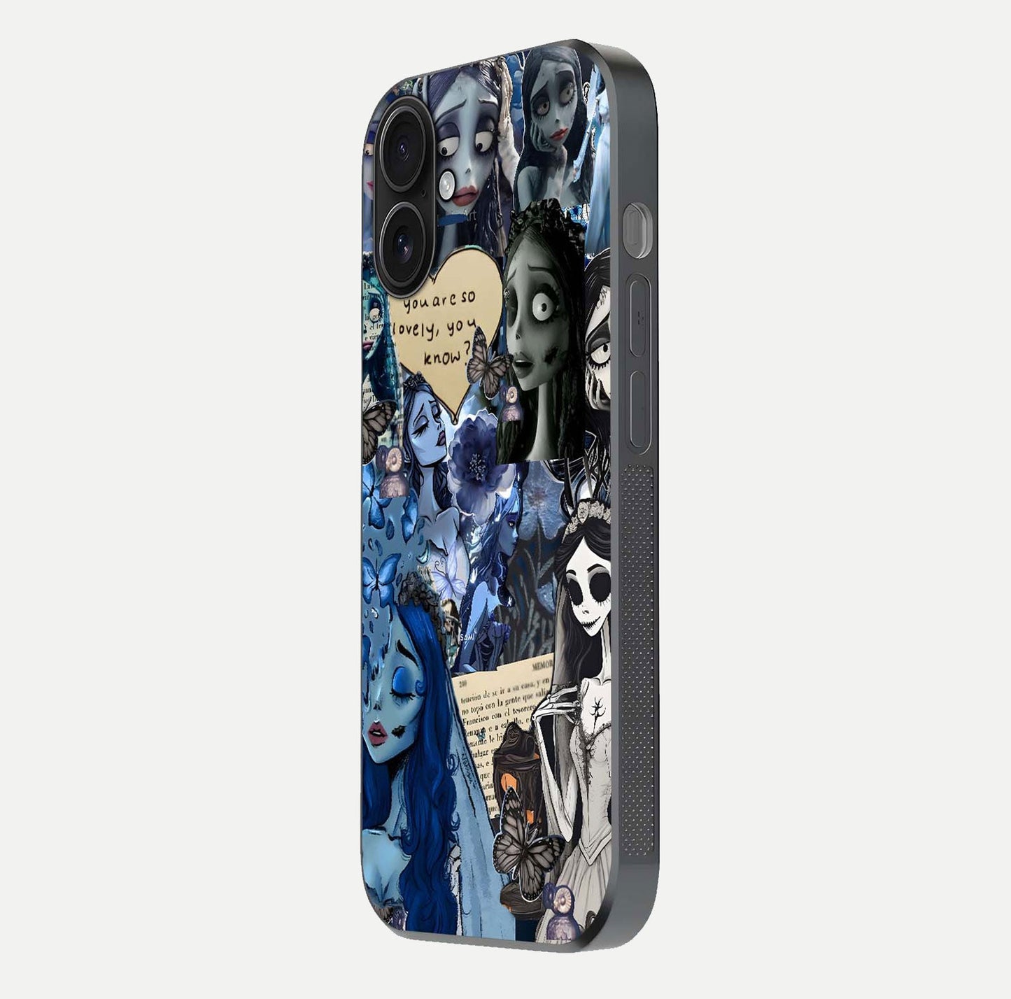 Corpse Bride Posters Glass Case for iPhone 16 side-angle image capturing gloss reflection and smooth edge