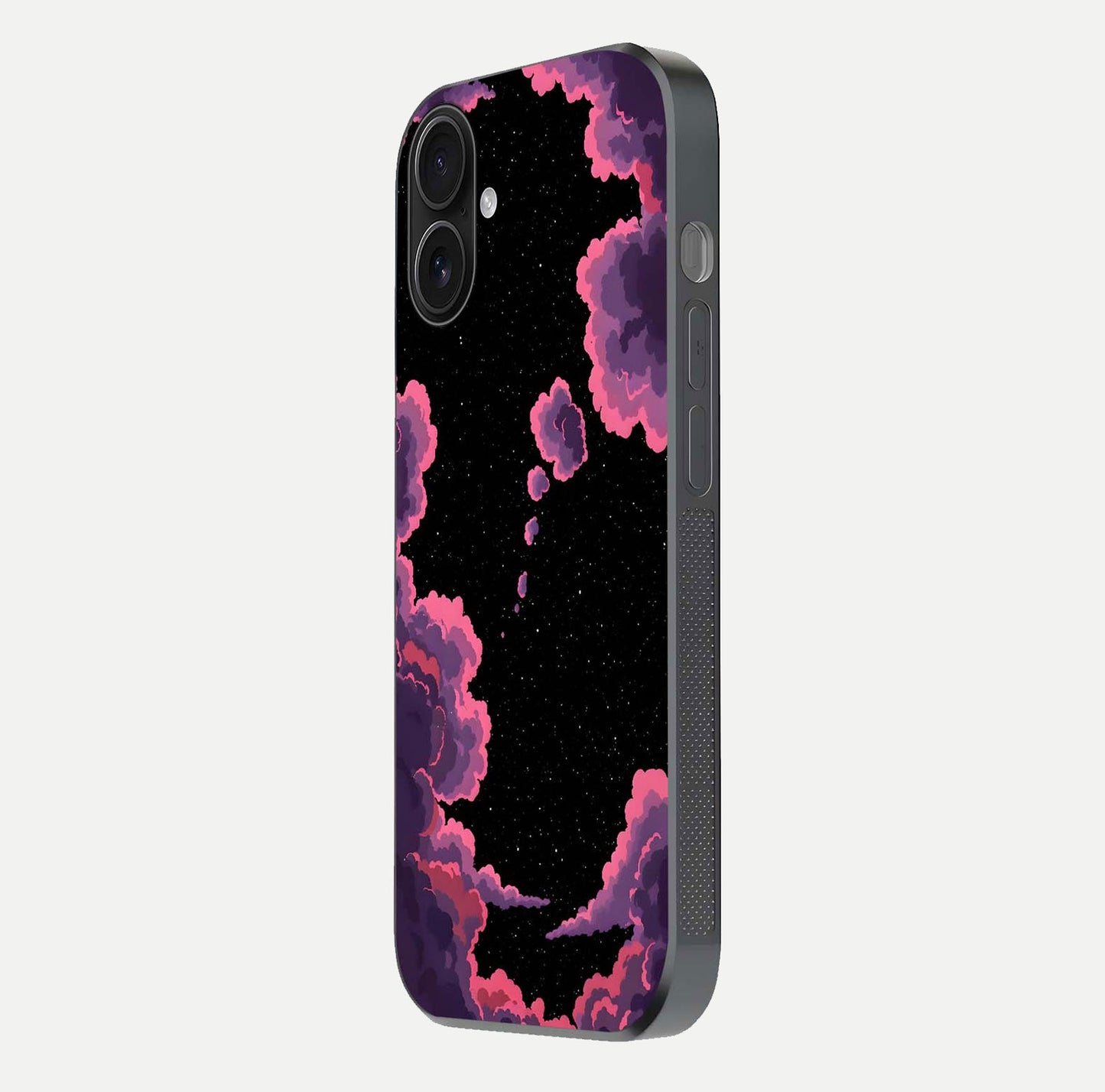 Cosmic Cloud Journey Glass Case for iPhone 16 side-angle photo showing glass reflection and smooth tone