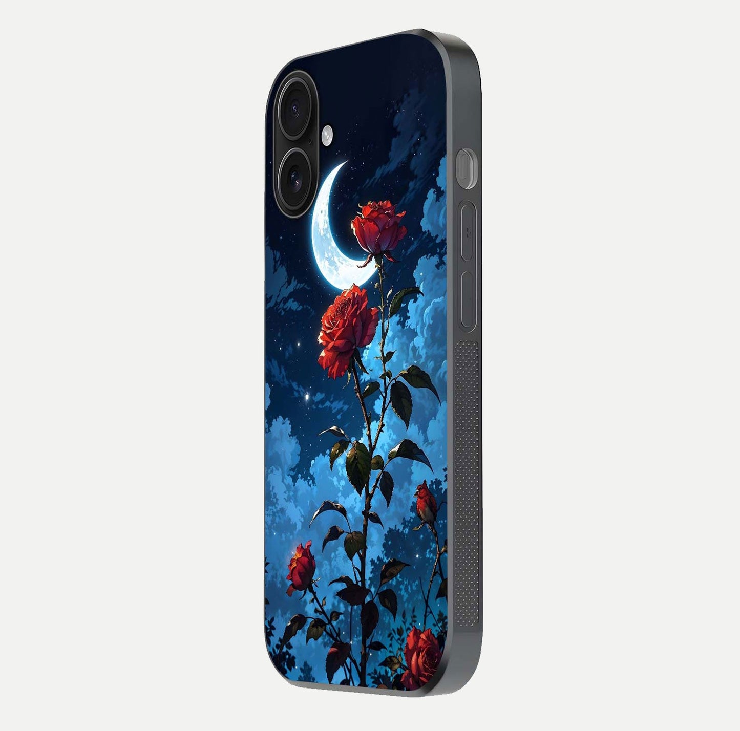 Crimson Rose Moon Glass Case for iPhone 16 side-angle photo showing reflective texture and smooth curve