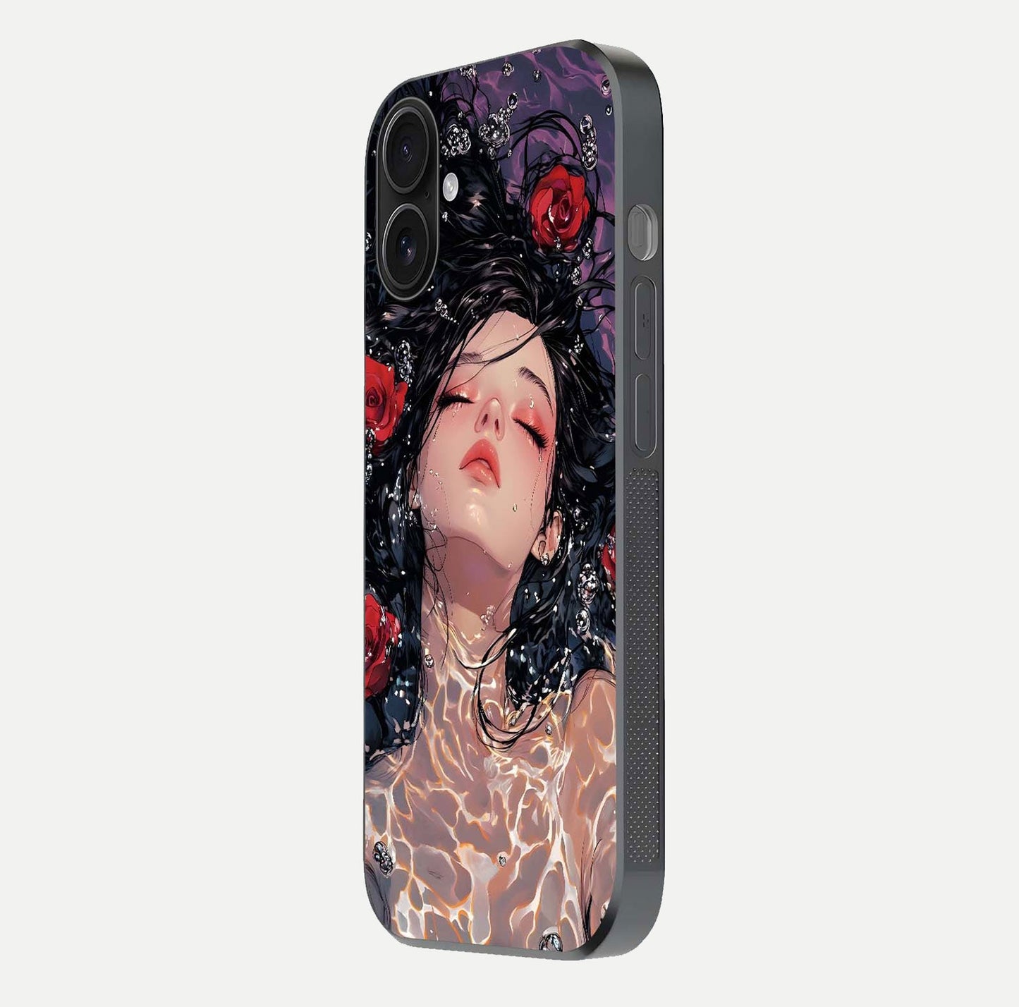 Crimson Rose Serenity Glass Case for iPhone 16 side-angle photo showing glass reflection and soft edges