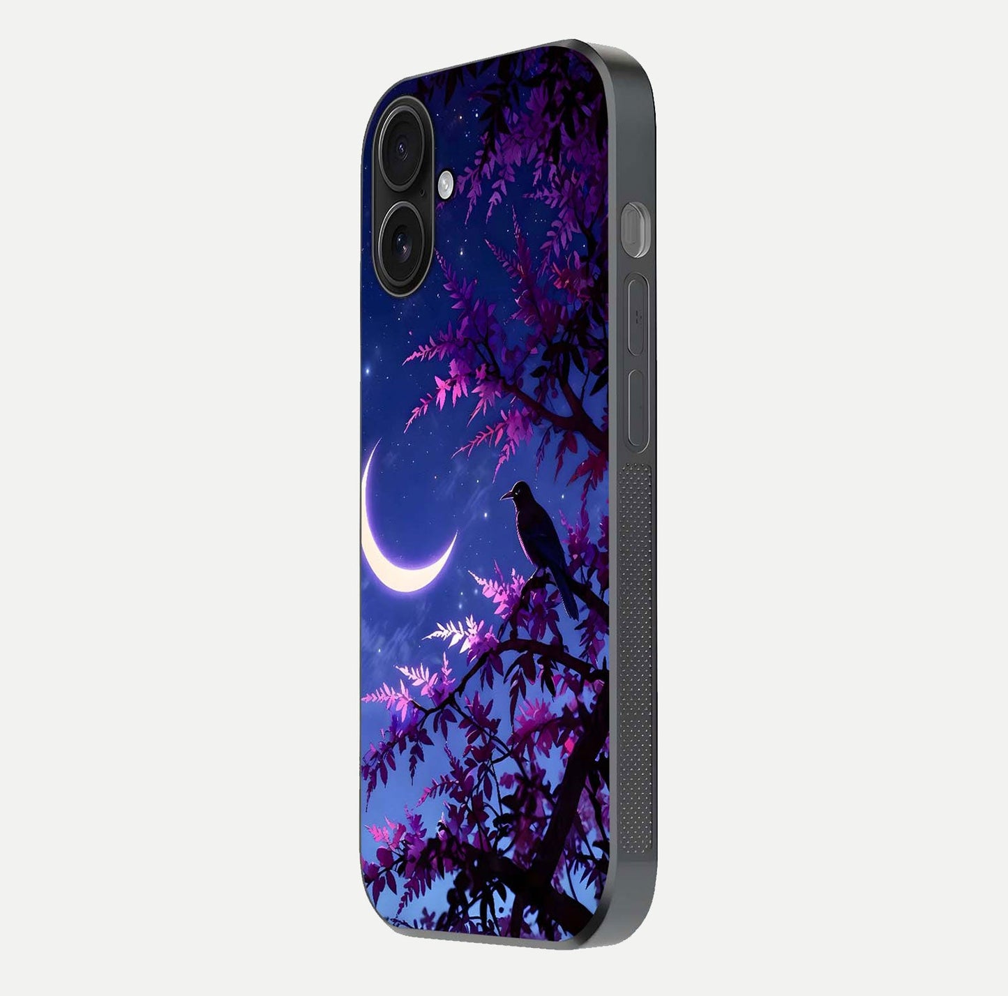 Crow & Moon Scenery Glass Case for iPhone 16 side-angle photo capturing glossy shine and artistic contrast