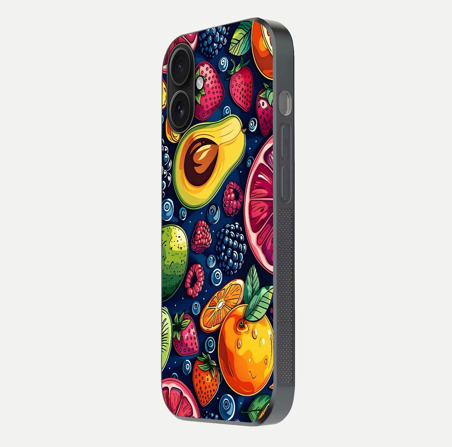 Cute Fruits Art Glass Case for iPhone 16 side-angle photo showing reflective finish and smooth edges
