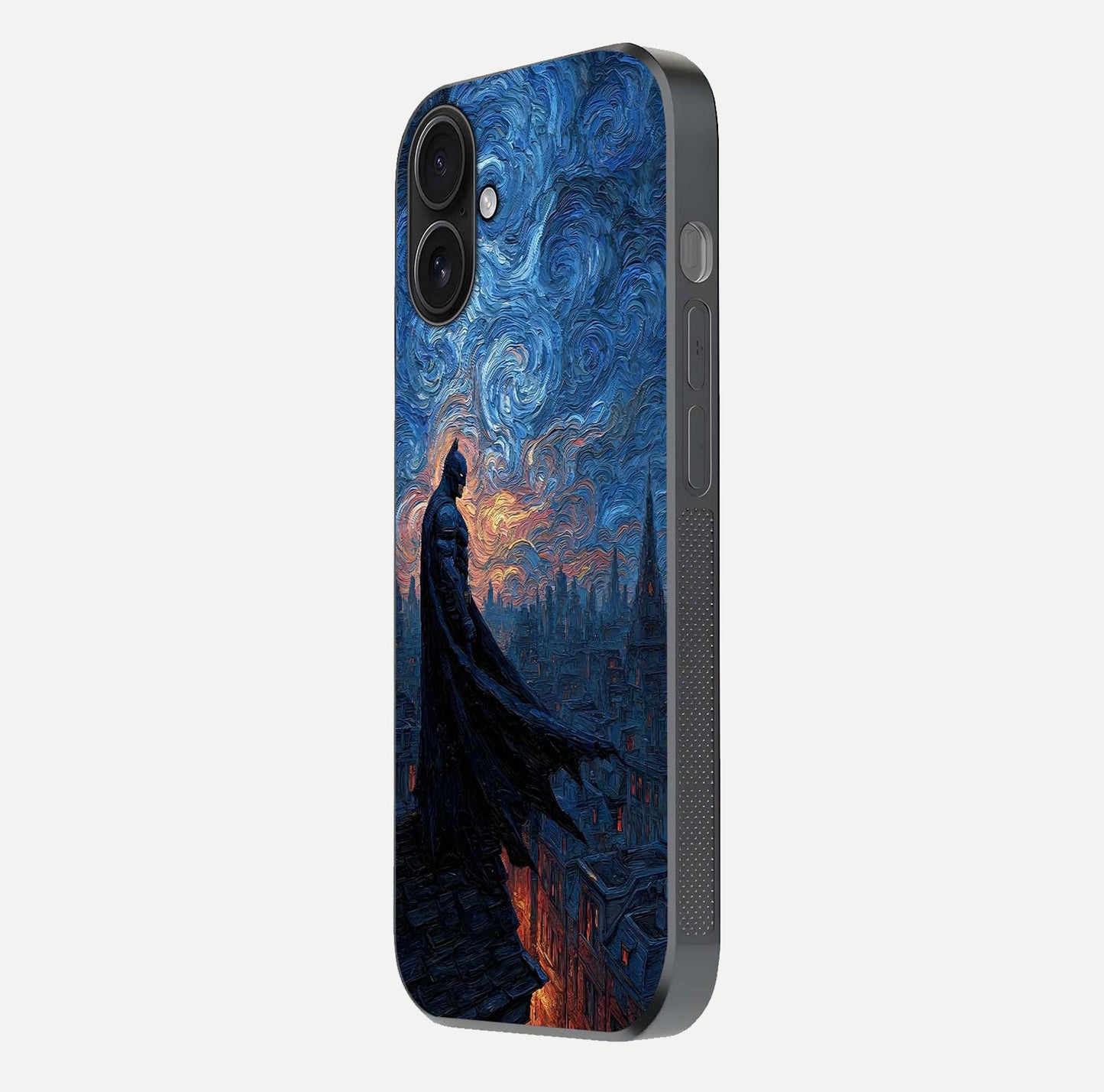 Dark Knight Dusk Glass Case for iPhone 16 side-angle image capturing reflection shine and bold contrast