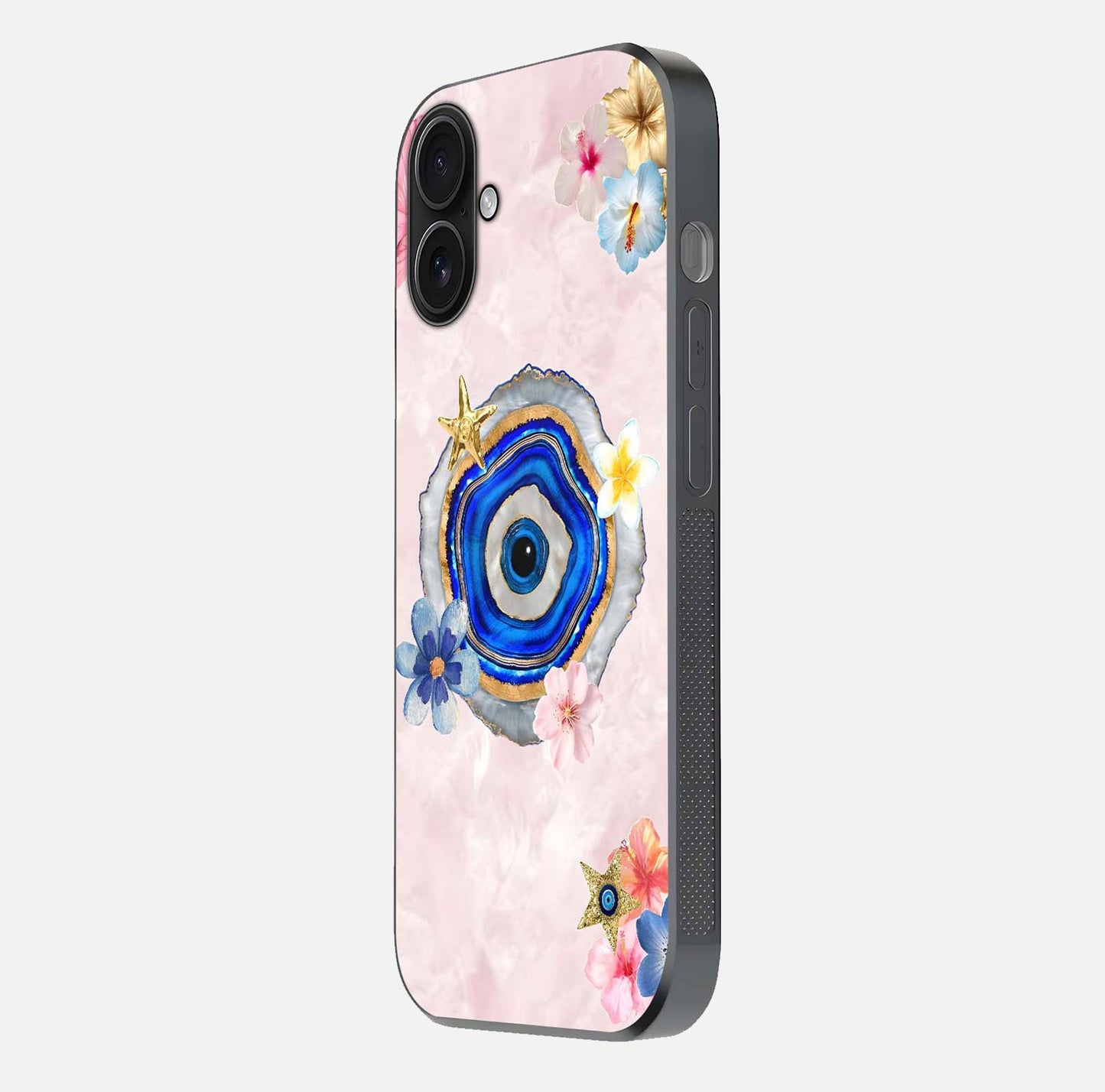Divine Aura Bloom Glass Case for iPhone 16 side-angle photo capturing reflection glow and premium polish
