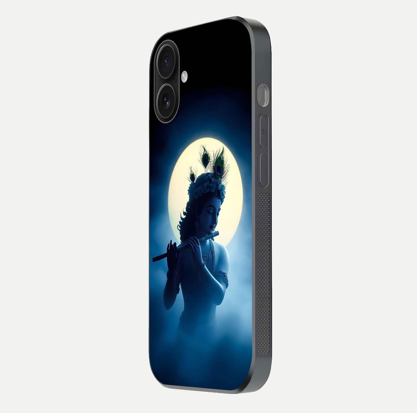 Divine Moon Flute Glass Case for iPhone 16 side-angle image capturing reflection depth and soft color