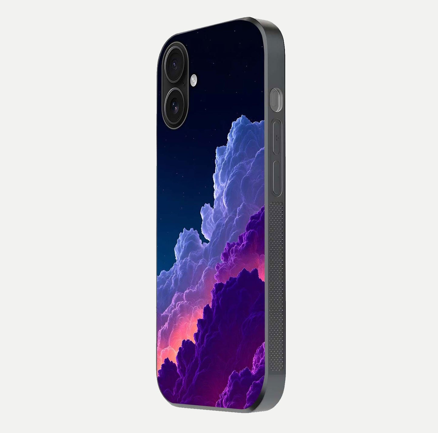 Dreamy Cloud Skies Glass Case for iPhone 16 side-angle image showing reflection clarity and polish