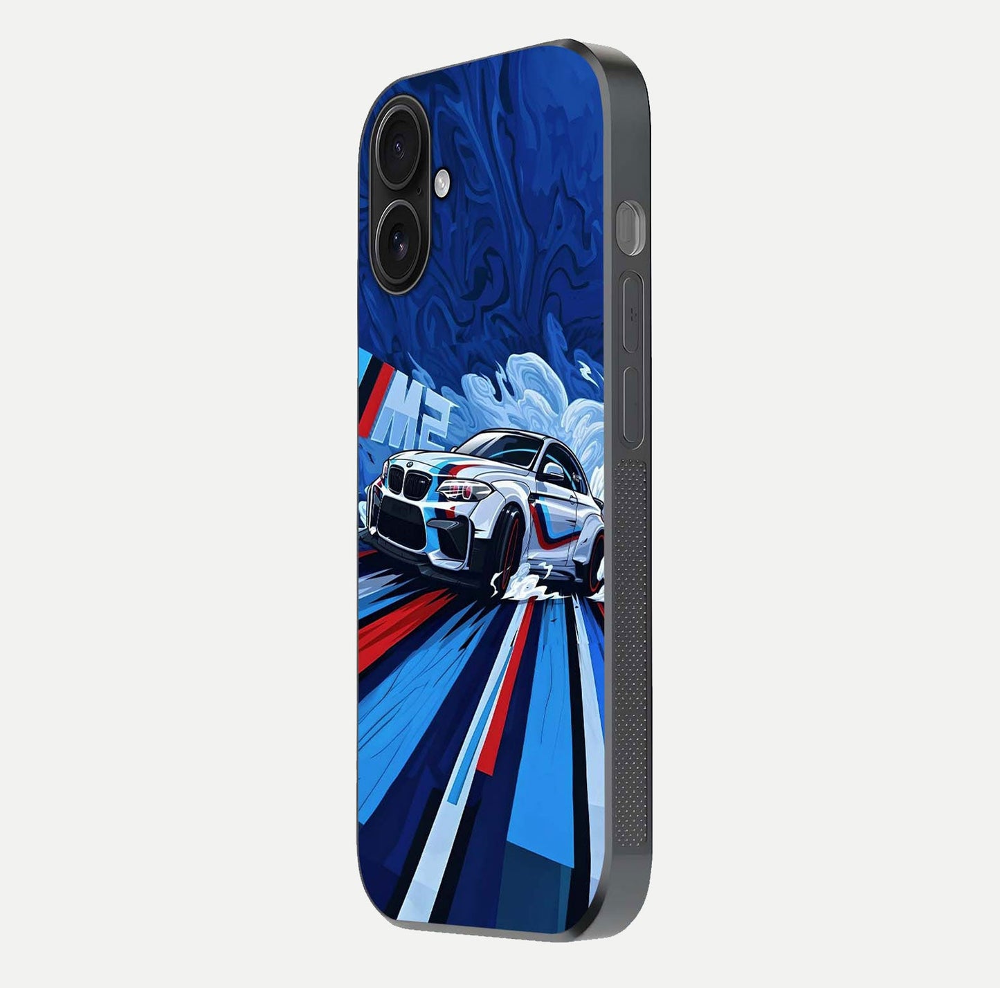 Drift Power Rush Glass Case for iPhone 16 side-angle image capturing reflection glow and smooth curve