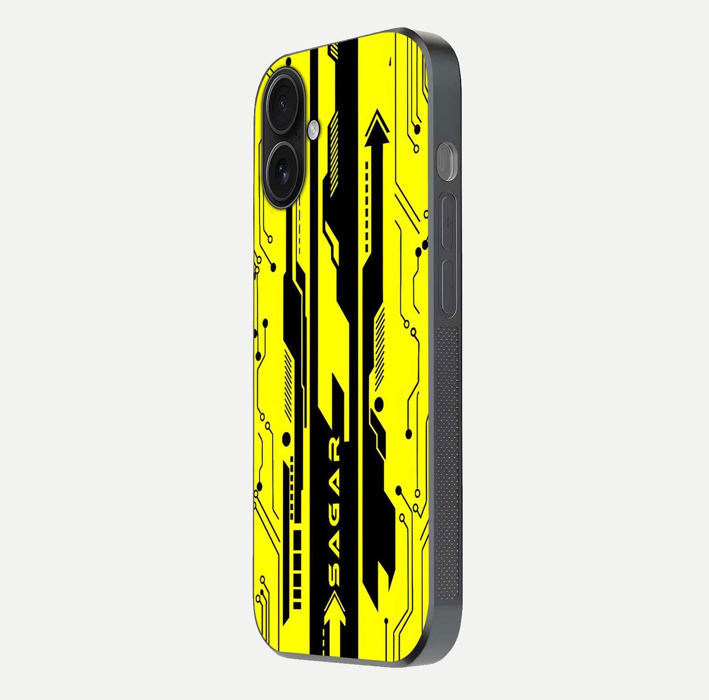 Electric Pulse CYBERPUNK Custom Name Glass Case for iPhone 16 side-angle image showing glossy reflection and edge illumination