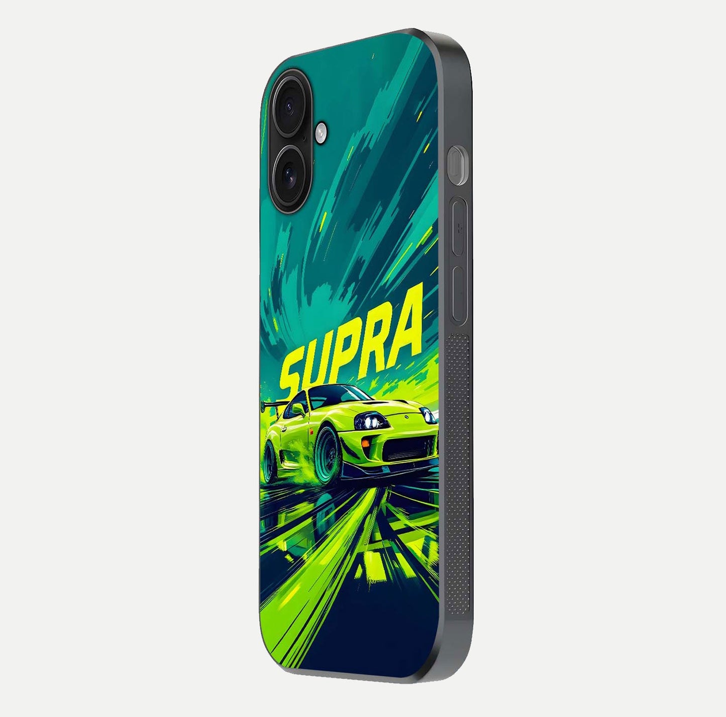 Electric Supra Thunder Glass Case for iPhone 16 side-angle photo showing sleek car outline and reflective shine