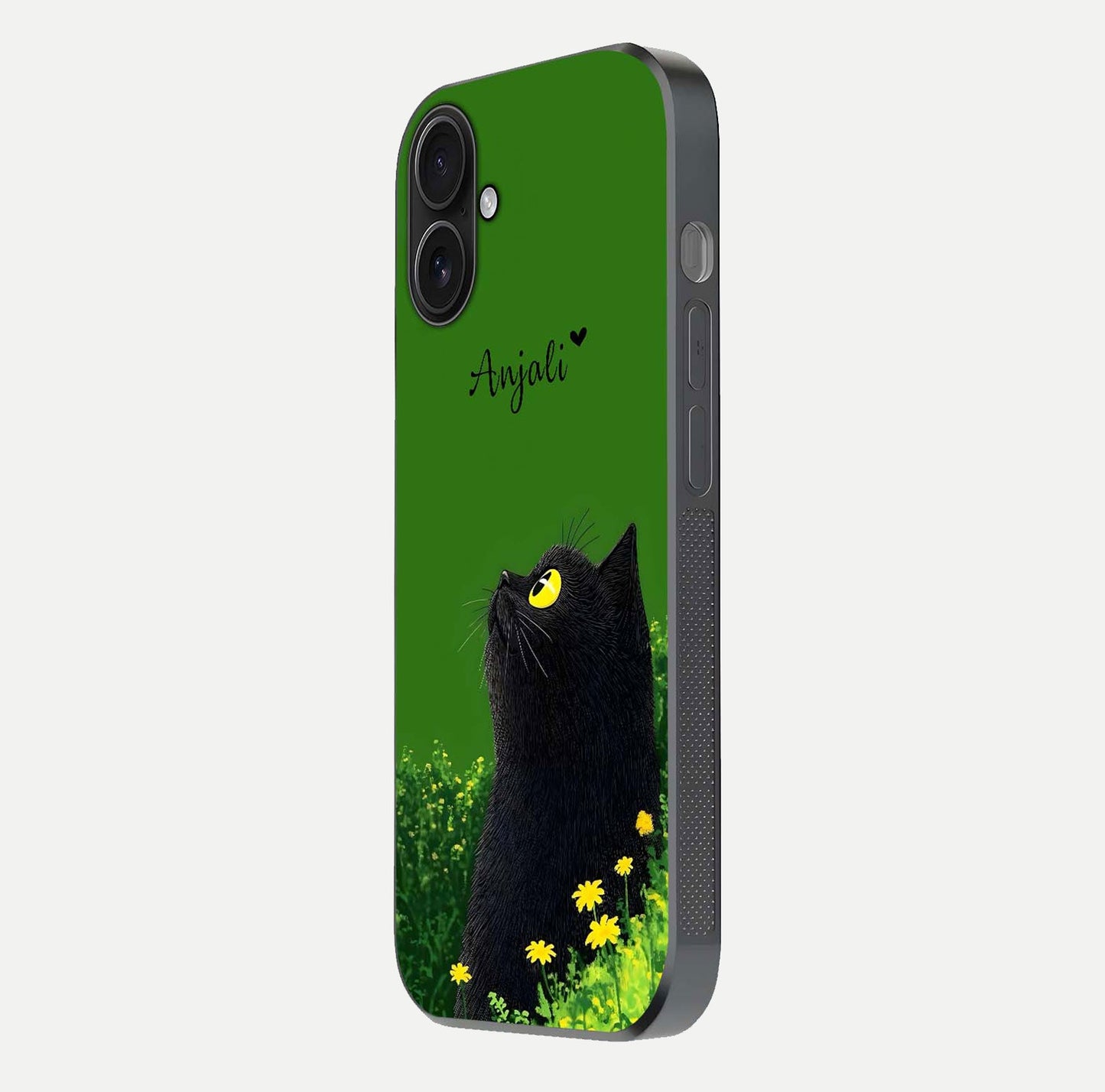 Emerald Cat Custom Name Glass Case for iPhone 16 side-angle photo showing name clarity and glass reflection