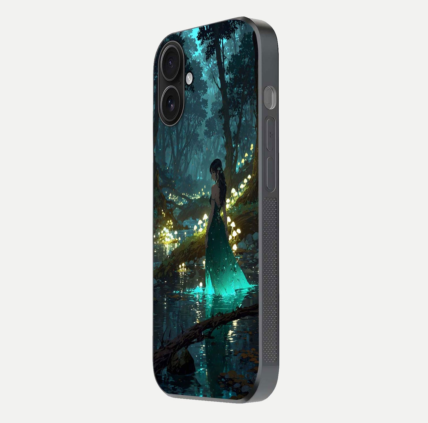 Enchanted Forest Glow Glass Case for iPhone 16 side-angle image capturing shine reflection and rich detail