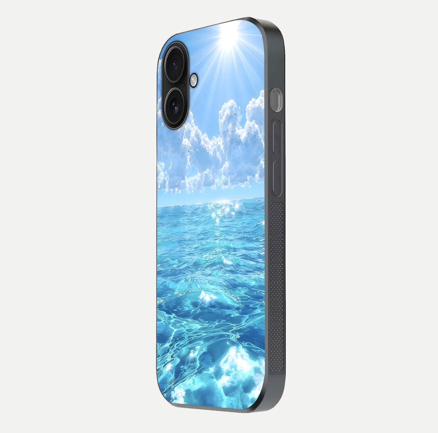 Endless Ocean Horizon Glass Case for iPhone 16 side-angle photo showing reflection glow and wave tone