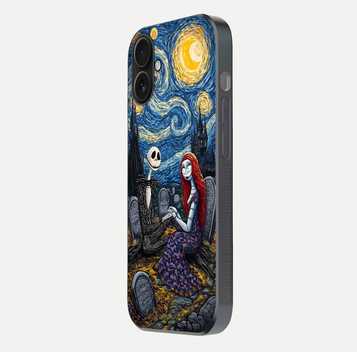 Eternal Night Love Glass Case for iPhone 16 side-angle photo showing edge shine and soft reflection