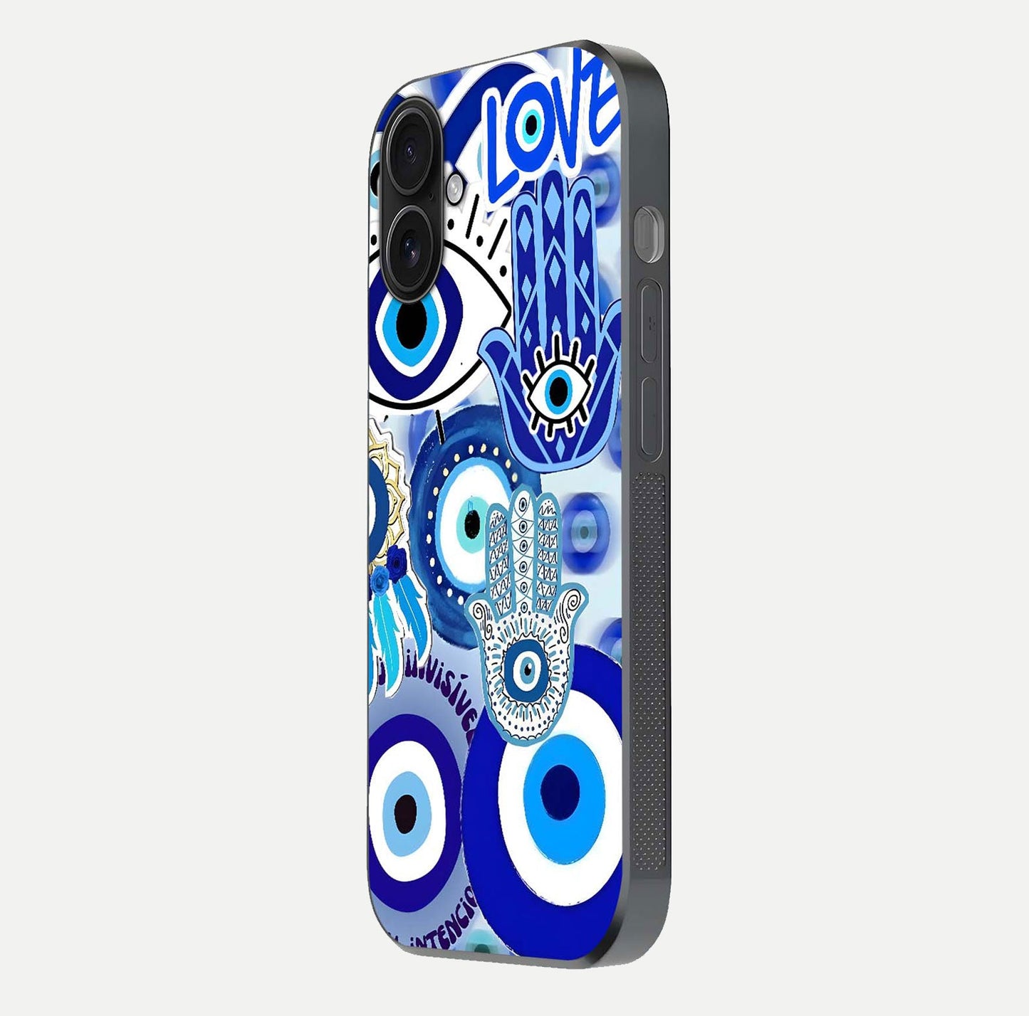 Evil Eyes Dream Glass Case for iPhone 16 side-angle photo capturing smooth edges and reflective texture