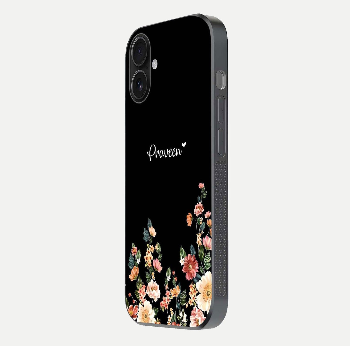 Floral Design Personalized Custom Name Glass Case for iPhone 16 side-angle image showing name alignment and gloss shine