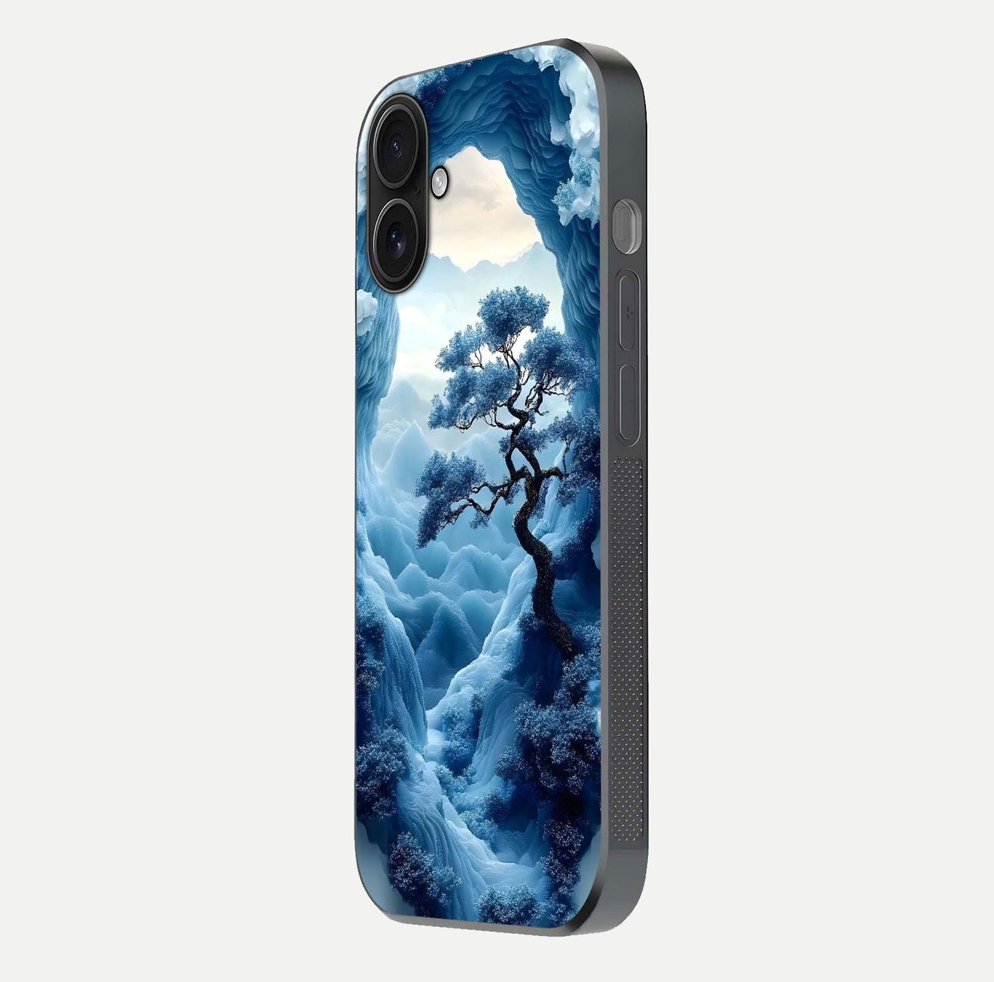 Frozen Serenity Gate Glass Case for iPhone 16 side-angle photo showing reflective surface and cold tones