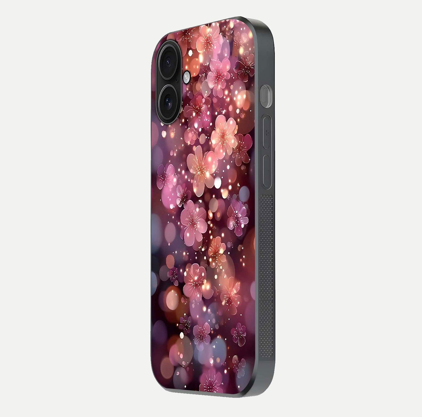 Glowing Petal Bliss Glass Case for iPhone 16 side-angle image showing light reflection and soft floral texture