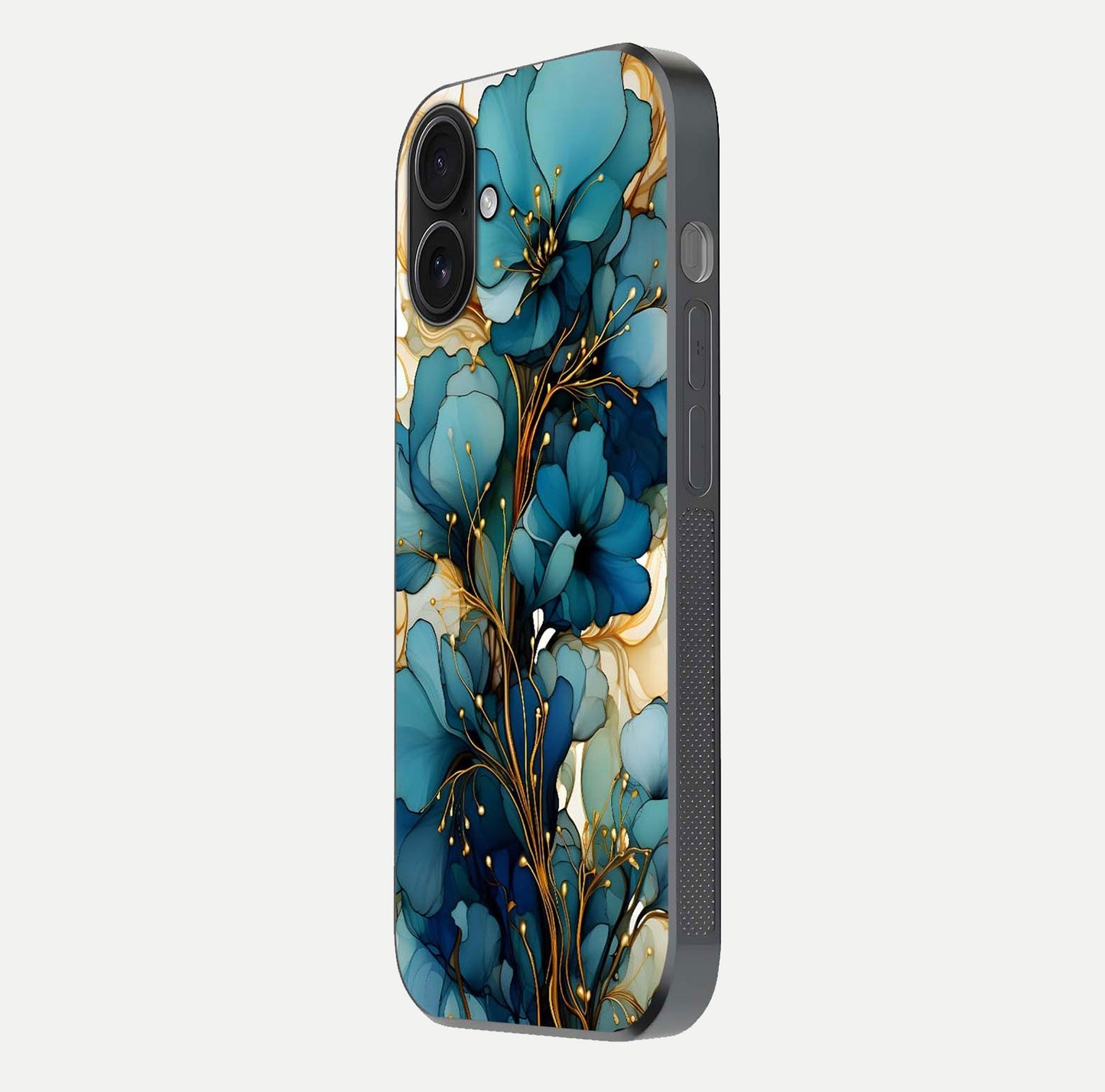 Golden Bloom Symphony Glass Case for iPhone 16 side-angle image showing golden glow, light reflection, and premium surface