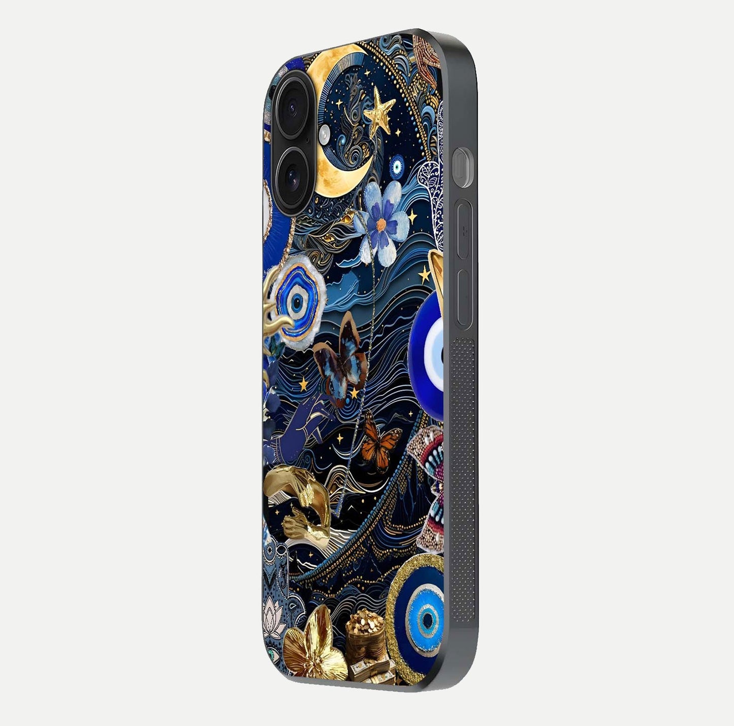 Golden Moon Magic Glass Case for iPhone 16 side-angle image showing reflection glow, curved polish, and moon detail
