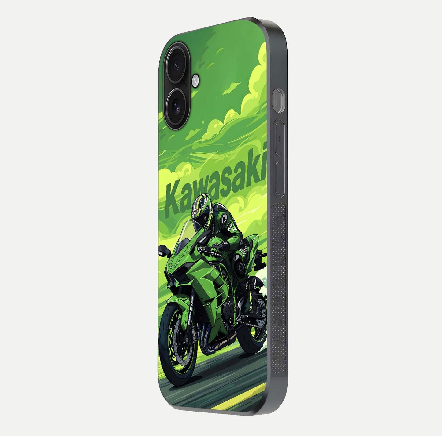 Green Kawasaki Glass Case for iPhone 16 side-angle image showing reflection depth and metallic green accent