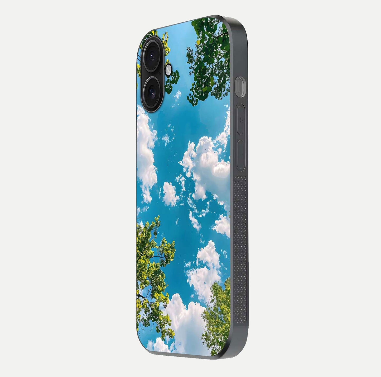 Greenery Sky Glass Case for iPhone 16 side-angle image showing reflection glow and nature-themed pattern