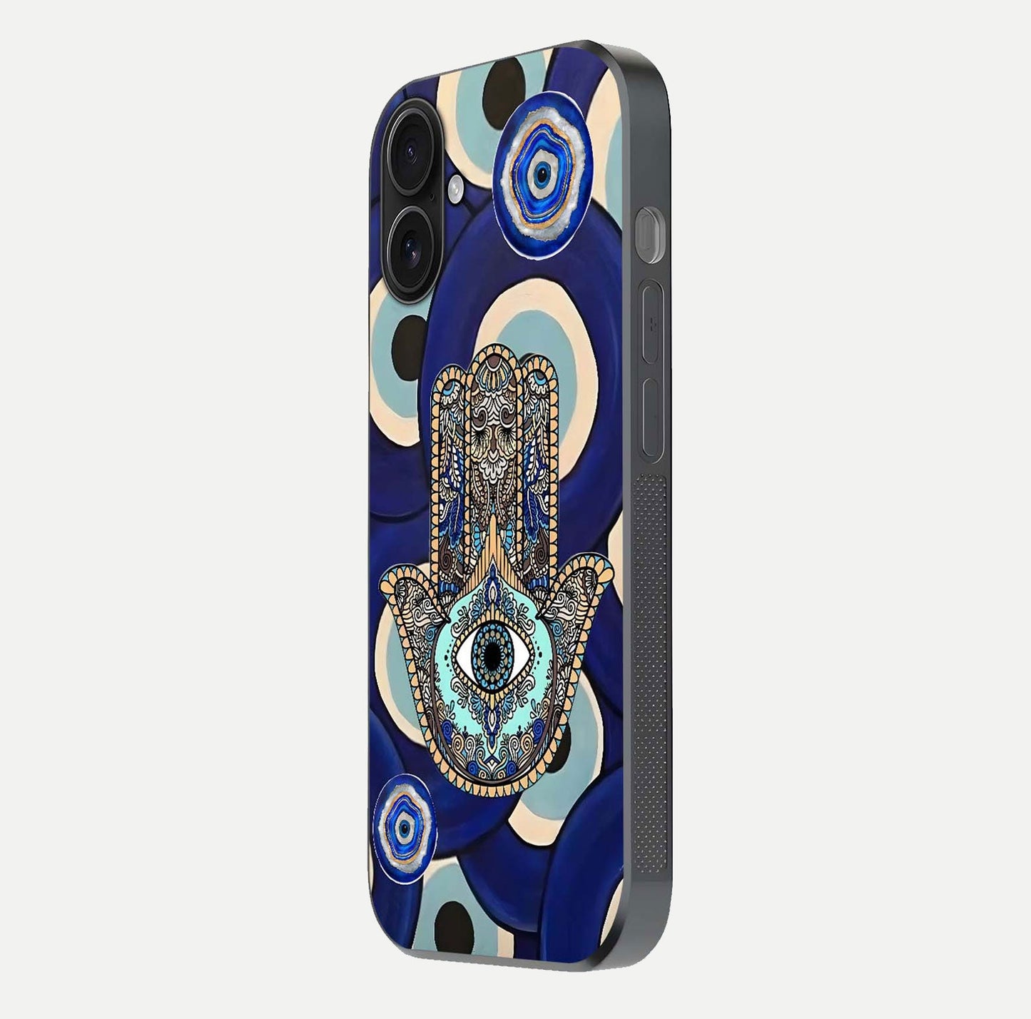 Hamsa Divine Guard Glass Case for iPhone 16 side-angle image showing reflection brilliance and protective design